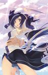  ainu_clothes amazuyu_tatsuki animal_ears arm_up arms_up blue_hair boots breasts brown_eyes cherry_blossoms dagger eyebrows_visible_through_hair hair_ornament highres kuon_(utawareru_mono) looking_at_viewer medium_breasts non-web_source obi open_mouth outdoors petals sash scarf side_slit solo sunlight tail utawareru_mono utawareru_mono:_itsuwari_no_kamen weapon wide_sleeves 