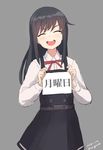  :d asashio_(kantai_collection) belt black_dress black_hair blush buttons closed_eyes collared_shirt commentary dated dress grey_background highres holding holding_sign kantai_collection karashi_(tou_gara_shi) long_hair long_sleeves neck_ribbon open_mouth red_ribbon remodel_(kantai_collection) ribbon shirt sign smile solo translated twitter_username v-shaped_eyebrows white_shirt 