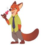  2017 acstlu anthro barefoot bulge canine clothed clothing dialogue digital_media_(artwork) dipstick_tail disney english_text food fox green_eyes half-closed_eyes hand_in_pocket hi_res holding_object inner_ear_fluff male mammal multicolored_tail necktie nick_wilde open_mouth pants pawpads pawpsicle popsicle sharp_teeth shirt simple_background solo stated_homosexuality teeth text tongue white_background zootopia 