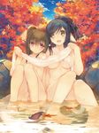  :d amazuyu_tatsuki animal_ears autumn_leaves bare_legs barefoot bathing blue_hair breasts brown_eyes covering day double_bun eyebrows_visible_through_hair green_hair hair_between_eyes hair_up highres kuon_(utawareru_mono) leaf maple_leaf medium_breasts mole mole_under_eye multiple_girls nekone_(utawareru_mono) non-web_source nude_cover open_mouth outdoors partially_submerged pink_eyes shared_bathing side-by-side small_breasts smile tail tied_hair towel towel_around_neck utawareru_mono utawareru_mono:_itsuwari_no_kamen wet white_towel 