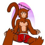  2017 anthro balls boxer_briefs bulge chest_tuff clothed clothing digital_media_(artwork) english_text fur hair invalid_tag male mammal monkey nipples notkastar_(artist) penis primate simple_background sketch smile solo spread_legs spreading tagme text underwear vertical_bar_eyes 