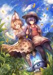  animal_ears animal_print backpack bad_id bad_pixiv_id bag bare_shoulders black_gloves black_hair black_legwear blonde_hair blue_sky cloud cuby_(dondoriansama) day dutch_angle elbow_gloves gloves grass hat hat_feather helmet kaban_(kemono_friends) kemono_friends looking_at_another looking_at_viewer lucky_beast_(kemono_friends) mountain multiple_girls nature one_eye_closed open_mouth outdoors pantyhose pith_helmet purple_eyes red_shirt serval_(kemono_friends) serval_ears serval_print serval_tail shirt short_hair shorts skirt sky sleeveless sleeveless_shirt t-shirt tail thighhighs walking white_shirt white_shorts 