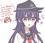  !? /\/\/\ 2girls akatsuki_(kantai_collection) anchor anchor_symbol black_dress black_hat brown_hair dress english hair_ornament hairclip hat highres ikazuchi_(kantai_collection) kantai_collection kvlen long_hair long_sleeves multiple_girls neckerchief open_mouth purple_eyes red_neckerchief school_uniform serafuku short_hair smile speech_bubble speech_stab triangle_mouth 