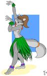  2015 4_toes anklet anthro breasts chloe_shiwulf clothed clothing dancing eyes_closed female grass hula jewelry long_tail skirt solo tailband toes topless wristband zp92 