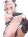  adjusting_clothes adjusting_legwear ahoge asarokuji black_bow black_legwear black_panties blonde_hair bow dressing fate_(series) hair_bow highres japanese_clothes kimono koha-ace obi okita_souji_(fate) okita_souji_(fate)_(all) open_mouth panties pantyshot pantyshot_(sitting) sash short_hair short_kimono simple_background sitting sleeveless solo thighhighs underwear white_background 