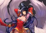  ahri animal_ears armpits arms_up black_hair breasts cleavage covered_navel detached_sleeves dress facial_mark fox_ears fox_tail glint glowing glowing_eyes highres korean_clothes large_breasts league_of_legends light_trail long_hair multiple_tails no_panties orange_eyes parted_lips qbspdl red_dress ribbon-trimmed_sleeves ribbon_trim short_dress side_slit solo tail very_long_hair wet 