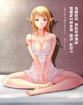  bare_legs barefoot blonde_hair blue_eyes breasts chemise cleavage closed_mouth collarbone commentary covered_nipples elf engrish full_body indian_style jitome kuurunaitsu large_breasts lingerie long_hair original pointy_ears ranguage see-through sitting smile solo strap_slip translated underwear v_arms 