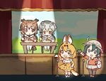  animal_ears backpack bag bird black_gloves black_hair blonde_hair brown_eyes brown_hair buttons coat commentary curry elbow_gloves eurasian_eagle_owl_(kemono_friends) eyebrows_visible_through_hair food fur_collar fur_trim gloves grey_hair hair_between_eyes hat hat_feather head_wings helmet kaban_(kemono_friends) kemono_friends long_sleeves looking_at_viewer microphone mikakunin_de_shinkoukei multicolored_hair multiple_girls northern_white-faced_owl_(kemono_friends) open_mouth parody pith_helmet red_shirt serval_(kemono_friends) serval_ears serval_print serval_tail shirt short_hair shorts smile spoon spotlight stage tail taneda_yuuta wavy_hair white_hair wings 