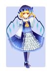  :d alternate_color alternate_costume arms_at_sides ascot asymmetrical_clothes bangs blonde_hair blue_bow blue_dress bow commentary_request crystal dress eyebrows_visible_through_hair fangs flandre_scarlet frilled_sleeves frills full_body hat hat_bow high_heels long_sleeves looking_at_viewer mob_cap open_mouth red_eyes sakipsakip side_ponytail skirt skirt_set smile solo standing touhou v-shaped_eyebrows wide_sleeves wings 