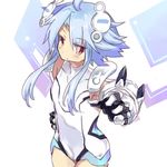  ahoge blue_hair blush gloves leotard long_hair looking_at_viewer neptune_(series) normaland power_symbol red_eyes short_hair_with_long_locks solo symbol-shaped_pupils white_heart 