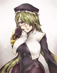  1girl blonde_hair bloodstained:_ritual_of_the_night breasts coat dominique_baldwin eyebrows_visible_through_hair eyelashes glasses glove green_eyes hair_over_one_eye hat large_breasts lips long_hair long_sleeves pantyhose source_request 