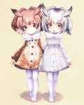  :o brown_eyes brown_hair coat eurasian_eagle_owl_(kemono_friends) eyebrows_visible_through_hair fur_collar gradient_hair grey_hair hair_between_eyes head_wings kemono_friends long_sleeves looking_at_viewer mizoreame multicolored_hair multiple_girls northern_white-faced_owl_(kemono_friends) pantyhose shoes short_hair silver_hair simple_background standing two-tone_hair white_footwear white_hair white_legwear 