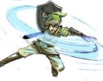  blonde_hair blue_eyes boots brown_footwear link male_focus master_sword motion_lines open_mouth pointy_ears sheath shield solo swinging the_legend_of_zelda tunic tyson_hesse 