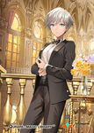  bangs baudelaire_(qurare) black_suit blue_eyes bow bowtie copyright_name flower formal ice_(ice_aptx) indoors looking_at_viewer qurare_magic_library sash short_hair silver_hair solo suit vase watermark window 