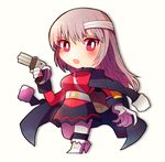  1girl belt blush boots breasts chibi coat fate/grand_order fate_(series) florence_nightingale_(fate/grand_order) gloves grey_hair gun long_hair open_mouth pants pink_eyes skirt weapon 