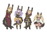  2girls :d ai-wa armor arms_up black_armor black_gloves blonde_hair boots bow brown_eyes camilla_(fire_emblem_if) closed_eyes dragon_horns dragon_tail dress elise_(fire_emblem_if) fire_emblem fire_emblem_if gloves hair_over_one_eye horns kobayashi-san_chi_no_maidragon leon_(fire_emblem_if) marks_(fire_emblem_if) multicolored_hair multiple_boys multiple_girls open_mouth parody purple_eyes purple_hair red_eyes siblings smile streaked_hair style_parody tail twintails 
