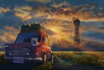  blue_sky box car climbing climbing_ladder cloud cloudy_sky crate evening grass ground_vehicle hand_up headlights horizon ladder license_plate mac_naut motor_vehicle multicolored multicolored_sky original outstretched_arm road rural scenery silhouette sky solo sunset water_tank wind 