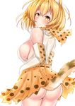  animal_ears ass blush breasts cat_ears cat_tail highres kemono_friends looking_at_viewer looking_back medium_breasts no_panties orange_eyes orange_hair sankakusui scarf serval_(kemono_friends) serval_ears serval_print serval_tail shiny shiny_skin short_hair sideboob skirt smile tail 