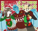  anthro canine christmas clothed clothing dragon feline female group holidays hug juxzebra looking_at_viewer male mammal open_mouth smile standing 