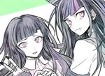  bangs black_hair black_nails closed_mouth collared_shirt danganronpa earrings jewelry long_hair looking_at_viewer mioda_ibuki mole mole_under_eye multicolored_hair multiple_girls nail_polish open_mouth piercing purple_eyes ring shirt smile striped super_danganronpa_2 thumb_ring toohoku tsumiki_mikan upper_body v white_shirt 