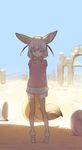  animal_ears blonde_hair blue_sky blush bow bowtie breast_pocket brown_eyes day doremi extra_ears eyebrows_visible_through_hair fennec_(kemono_friends) fox_ears fox_tail full_body gradient half-closed_eyes highres kemono_friends looking_at_viewer multicolored_hair outdoors pleated_skirt pocket puffy_short_sleeves puffy_sleeves shadow short_sleeve_sweater short_sleeves skirt sky solo standing sweater tail thighhighs two-tone_hair 