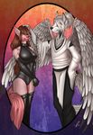  anthro canine clothed clothing duo feathered_wings feathers feline female fur hair juxzebra male mammal rubber smile standing wings 