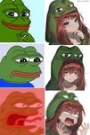  4chan 6koma :&gt; angry animal_hood artist_name bad_id bad_pixiv_id black_eyes blue_shirt blush boy's_club chin_stroking closed_mouth commentary derivative_work eyebrows_visible_through_hair frog frog_hood frown highres hood hoodie imageboard_colors long_hair looking_at_viewer meme motion_blur open_mouth pepe_the_frog photo-referenced red_hair reference_photo sad shirt smile smug tongue tongue_out twitter_username yukisaki_mayui 