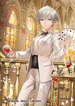  bangs baudelaire_(qurare) blue_eyes bow bowtie card copyright_name cup drinking_glass flower formal ice_(ice_aptx) indoors looking_at_viewer petals playing_card poker_chip qurare_magic_library sash short_hair silver_hair smile solo suit vase watermark white_suit window wine_glass 