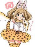  ahoge animal_ears bare_shoulders blonde_hair blush bow bowtie breasts commentary cosplay elbow_gloves extra_ears gloves green_eyes idolmaster idolmaster_cinderella_girls japari_symbol kemono_friends large_breasts long_hair looking_at_viewer paw_pose reaching_out satou_shin self_shot serval_(kemono_friends) serval_(kemono_friends)_(cosplay) serval_ears serval_print serval_tail simple_background skirt smile solo tail tama_goan thighhighs translated twintails white_background 