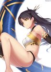  absurdres asymmetrical_legwear bandeau bare_legs bare_shoulders barefoot black_gloves black_hair black_panties black_ribbon breasts detached_collar earrings elbow_gloves enosan eyebrows_visible_through_hair fate/grand_order fate_(series) gloves hair_ribbon heavenly_boat_maanna highres hoop_earrings invisible_chair ishtar_(fate/grand_order) jewelry long_hair long_legs looking_at_viewer looking_down medium_breasts panties revision ribbon simple_background single_elbow_glove single_thighhigh sitting solo stomach thighhighs twitter_username underwear weapon white_background yellow_eyes 