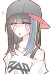  black_hair black_hat blonde_hair blue_eyes blush bra_strap eyebrows_visible_through_hair hat highres kvlen long_hair looking_at_viewer multicolored_hair open_mouth original purple_hair shirt sideways_hat t-shirt triangle_mouth 