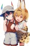  ;) animal_ears black_hair blonde_hair blue_eyes elbow_gloves eyebrows_visible_through_hair fang gloves hat helmet kaban_(kemono_friends) kemono_friends multiple_girls no_legwear one_eye_closed open_mouth pith_helmet print_gloves print_skirt roll_okashi serval_(kemono_friends) serval_ears serval_print serval_tail short_hair shorts skirt smile tail thighhighs white_background yellow_eyes zettai_ryouiki 