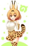  :d animal_ears bare_shoulders blonde_hair blush bow bowtie breasts commentary_request cowboy_shot elbow_gloves gloves japari_symbol kemono_friends looking_at_viewer md5_mismatch medium_breasts nagana_sayui open_mouth paw_pose print_legwear print_skirt serval_(kemono_friends) serval_ears serval_print serval_tail shirt short_hair skirt sleeveless sleeveless_shirt smile solo tail thighhighs white_shirt 