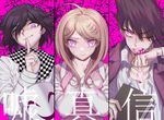  2boys ahoge akamatsu_kaede asphyxiation beamed_sixteenth_notes bleed_through blonde_hair blood blood_on_face book checkered checkered_scarf closed_mouth danganronpa eighth_note finger_to_mouth frown hands_on_own_neck holding holding_book jacket long_hair long_sleeves looking_at_viewer mask momota_kaito multiple_boys musical_note musical_note_hair_ornament new_danganronpa_v3 one_eye_closed ouma_kokichi pink_blood pink_sweater purple_eyes purple_hair quarter_note scan scan_artifacts scarf school_uniform shirt short_hair shushing smile smirk spoilers strangling sweatdrop sweater sweater_vest upper_body white_jacket white_shirt zuizi 