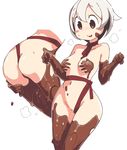  1girl ass between_buttocks blush_stickers butt_crack chocolate female from_behind naked_chocolate navel nude ribbon sakamoto_ahiru short_hair simple_background solo white_background white_hair 