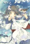  ahoge ainu_clothes animal_ears aruruw bird bird_on_hand cherry_blossoms cloud day flower gachatara hair_flower hair_ornament hair_tubes moo_(umineko) short_hair sky solo tied_hair utawareru_mono utawareru_mono:_itsuwari_no_kamen yellow_eyes 