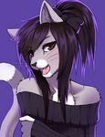  2015 anthro bare_shoulder black_hair brown_eyes cat chest_tuft clothed clothing fangs feline female fur grey_fur hair hair_ribbon looking_at_viewer mammal ponytail purple_background ribbons simple_background slit_pupils solo sweater tuft vyriss white_fur 