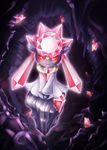  closed_mouth crystal diancie full_body gem gen_6_pokemon glowing highres jacy legendary_pokemon looking_at_viewer no_humans pink_eyes pokemon pokemon_(creature) red_sclera rock smile solo stalactite v_arms 