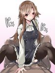  1girl arashio_(kantai_collection) brown_eyes brown_hair commentary_request cowgirl_position cum cum_on_body cum_on_lower_body dress dress_shirt girl_on_top hetero highres kantai_collection maron_(kagamikunn) open_mouth pantyhose pinafore_dress remodel_(kantai_collection) sex shirt smile solo_focus spread_legs straddling tongue tongue_out torn_clothes torn_legwear 