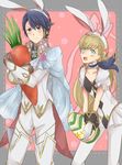  1girl alfonse_(fire_emblem) animal_ears blonde_hair blush breasts brother_and_sister bunny_ears cape carrot chibi cleavage dress easter_egg egg embarrassed fire_emblem fire_emblem_heroes gloves holding looking_at_viewer sharena siblings smile 