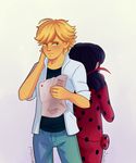  1girl adrien_agreste back-to-back black_hair blonde_hair blush bodysuit green_eyes hair_ribbon hand_behind_head highres ladybug_(character) letter marinette_dupain-cheng miraculous_ladybug paper polka_dot ribbon signature sweet-childhood-dreams twintails 