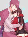  1girl bangs black_hair blush buttons closed_eyes closed_mouth danganronpa earrings facial_hair goatee harukawa_maki hetero hug jewelry long_hair long_sleeves mole mole_under_eye momota_kaito nervous new_danganronpa_v3 open_clothes open_mouth open_shirt pants pleated_skirt purple_coat purple_hair purple_pants red_eyes red_legwear red_shirt school_uniform shirt short_hair sidelocks skirt suurin_(ksyaro) sweatdrop thighhighs twintails white_shirt zettai_ryouiki 