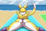  2017 anus athro beach big_breasts breasts butt chippo clothing digimon female lying on_front outside plump_labia puffy_anus pussy pussy_floss renamon seaside solo thick_thighs underwear 