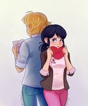  1girl adrien_agreste back-to-back black_hair blonde_hair blue_eyes blush denim earrings frown heart highres jeans jewelry marinette_dupain-cheng miraculous_ladybug pants paper pink_pants signature stud_earrings sweet-childhood-dreams twintails 