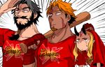  2boys baseball_bat beard beowulf_(fate/grand_order) black_hair blonde_hair buster_shirt edward_teach_(fate/grand_order) facial_hair fate/grand_order fate_(series) horns ibaraki_douji_(fate/grand_order) mijinko_(83nabe) multiple_boys mustache oni oni_horns red_shirt scar shirt 