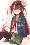  black_legwear blue_jacket brown_eyes brown_hair crescent crescent_moon_pin green_skirt itomugi-kun jacket kantai_collection kisaragi_(kantai_collection) long_hair neckerchief pleated_skirt red_neckwear remodel_(kantai_collection) school_uniform serafuku sitting skirt smile solo thighhighs 