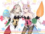  ama_asagi animal_ears breasts bunny_ears bunnysuit carrot cleavage easter_egg egg fire_emblem fire_emblem_heroes fire_emblem_if gloves hair_ornament holding looking_at_viewer multiple_girls ophelia_(fire_emblem_if) pantyhose smile soleil_(fire_emblem_if) 