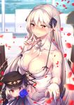  bangs bare_shoulders blush breasts bride cleavage dress elbow_gloves finger_to_mouth girls_frontline gloves hair_ribbon hat highres index_finger_raised iron_cross kar98k_(girls_frontline) large_breasts long_hair looking_at_viewer multiple_girls navel peaked_cap petals red_eyes ribbon shennai_misha silver_hair smile very_long_hair wedding_dress white_dress white_gloves 