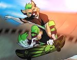  4_toes 5_fingers angiewolf anthro blurred_background canine clothed clothing digitigrade green_eyes green_hair hair male mammal open_mouth skateboard smile solo teeth toes tongue wild_dog 