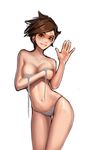  bikini bra breast_hold breasts brown_eyes brown_hair collarbone contrapposto cowboy_shot goggles grey_bikini highres jungon_kim looking_at_viewer medium_breasts navel overwatch parted_lips shiny shiny_skin short_hair simple_background sketch smile solo spiked_hair standing swimsuit thigh_gap tracer_(overwatch) underwear undressing untied untied_bikini waving white_background 